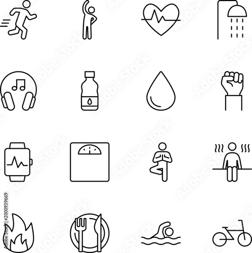 daily fitness wellness healthy lifestyle activity icons, running, heart rate, headphones, water bottle, smartwatch, weighing scale
