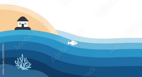 Stylized illustration of a small house on a sandy hill overlooking a layered blue ocean with a swimming fish and coral underwater.