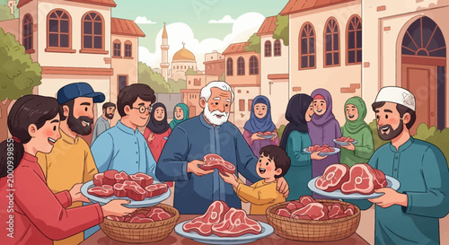 A diverse group of Muslim people, including an elder and children, joyfully distributing and sharing meat during a religious festival like Eid al-Adha in a bustling community setting.