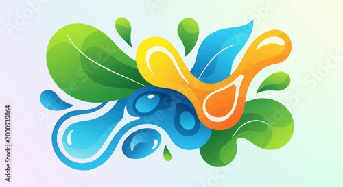 Vibrant abstract illustration featuring flowing organic shapes in blue, green, and orange, evoking nature and fluidity.
