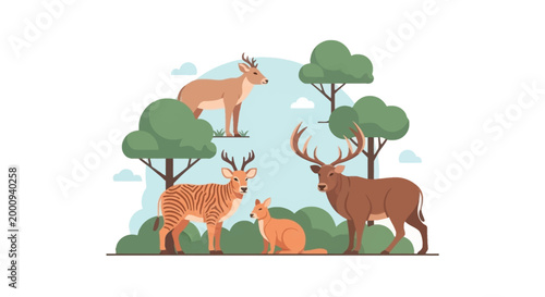 A diverse group of deer and a kangaroo stand together in a lush forest clearing with trees and clouds.