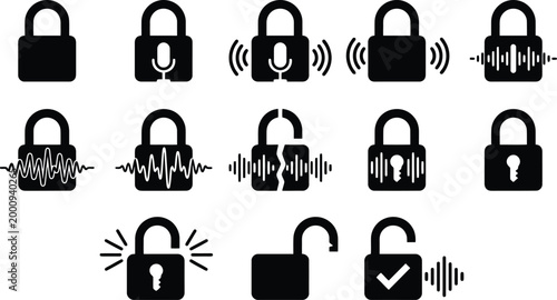 Sammlung von Vorhängeschloss-Symbolen mit Audio-, Sprachsteuerungs- und Sicherheitskonzepten, die verschiedene Zustände von Verriegelung und Entriegelung darstellen.