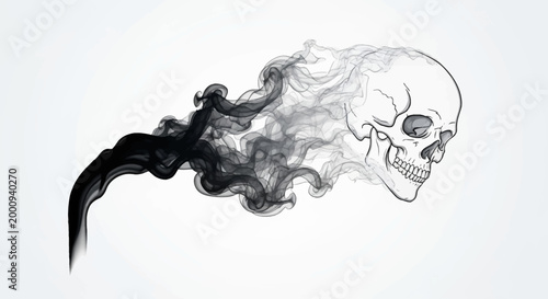 Stylized illustration of a human skull dissolving into a trail of dark, swirling smoke against a clean white background, symbolizing transience.