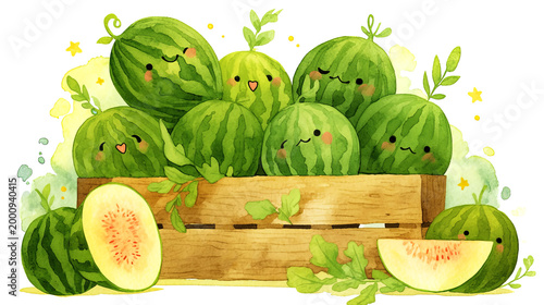 Watermelon illustration featuring cute, smiling watermelons in a wooden crate with green leaves and a slice of watermelon on a light background