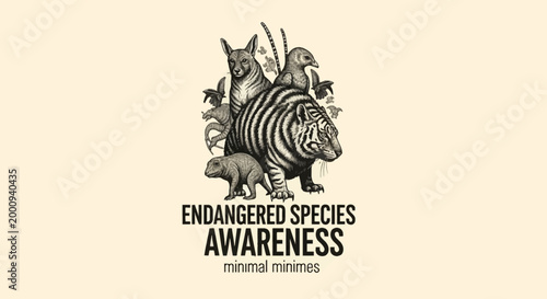 A black and white illustration of various endangered animals, including a tiger, a kangaroo, a penguin, and a bear cub, with the text "ENDANGERED SPECIES AWARENESS" below.