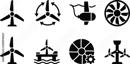 Verschiedene Symbole für Windkraftanlagen und Unterwasser-Turbinen zur Energieerzeugung.