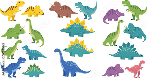 Cute Cartoon Dinosaur Collection Set with Colorful Flat Design Characters Including T-Rex Triceratops Stegosaurus and Brontosaurus for Kids