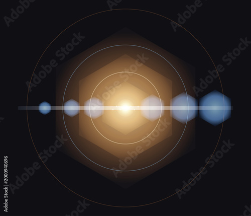 Hexagonal Aperture Lens Flare with Internal Light Reflections. Vector illustration of a polygonal lens flare showing hexagonal bokeh shapes and warm light rays.