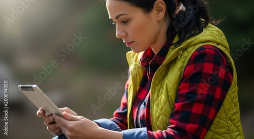Woman in Casual Outdoor Attire Using Digital Tablet in Natural Environment, Focused Expression
