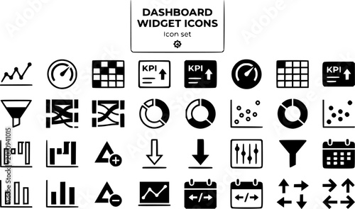 Dashboard Widget Icons Set Sparkline Gauge Heatmap KPI Card Funnel Sankey Donut Scatter Waterfall Metric Delta Drill Down Filter Panel Date Range Compare Vector
