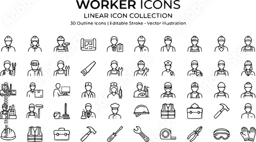 Set of 30 outline icons related to worker. Linear icon collection. Editable stroke. Vector illustration
