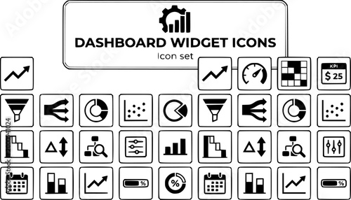 Dashboard Widget Icons Set Sparkline Gauge Heatmap KPI Card Funnel Sankey Donut Scatter Waterfall Metric Delta Drill Down Filter Panel Date Range Compare Vector