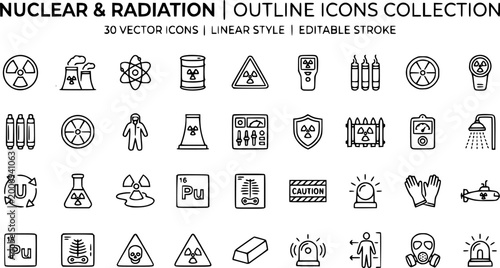 Set of 30 outline icons related to nuclear sign. Linear icon collection. Editable stroke. Vector illustration
