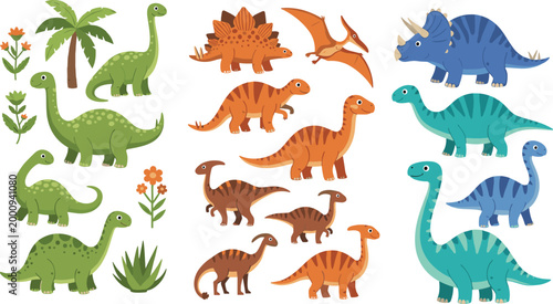 Charming Flat Cartoon Dinosaur Vector Set Featuring Brontosaurus Stegosaurus Pterodactyl Triceratops Parasaurolophus with Tropical Plants and Flowers