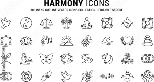 Set of 30 outline icons related to harmony. Linear icon collection. Editable stroke. Vector illustration
