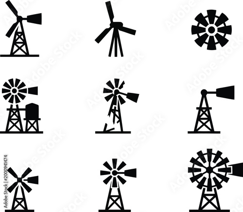 Verschiedene schwarze Silhouetten von Windmühlen und Windturbinen auf weißem Hintergrund, die erneuerbare Energie und ländliche Landschaften darstellen.