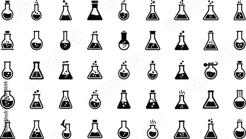 Laboratory beakers and flasks appear as a series of black and white icons for chemical research.