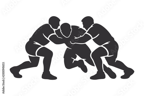 Kabaddi double side block silhouette defenders stopping raider dynamic sports vector