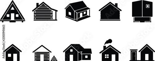 Sammlung von zehn schwarzen Silhouetten-Icons verschiedener Häuser und Hütten, die unterschiedliche Wohnformen darstellen.