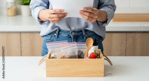 Woman Reading Recipe Standing Behind Wooden Box with Ingredients and Strawberry for Cooking