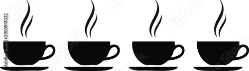 Four steaming coffee cups in a row mugs drink