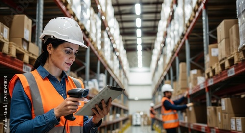 Woman warehouse worker in hard hat and safety vest using barcode scanner and tablet to check