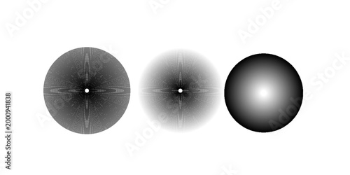 Black concentric circle set. Sonar or sound wave ring collection. Halftone and linear epicentre, target, radar icon concept. Ripple radial signal or vibration elements. Vector line and dotted symbols