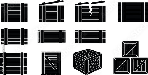 Sammlung von schwarzen Silhouetten verschiedener Holzkisten und Transportboxen.