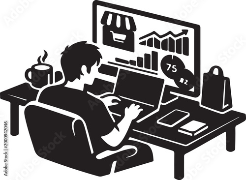 Ecommerce Seller Managing Online Store Dashboard Silhouette Vector for Digital Marketing, Sales Analytics and Online Business Branding