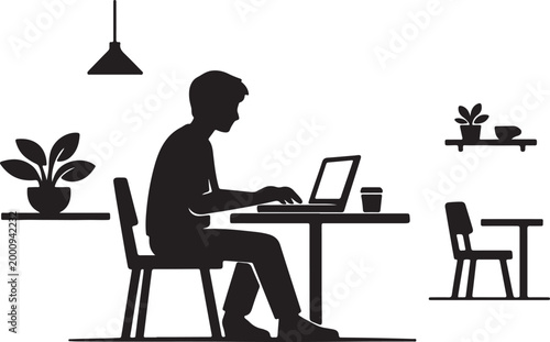 Man Working on Laptop in Cafe Silhouette Vector Illustration for Remote Work, Freelance Lifestyle and Workspace Branding