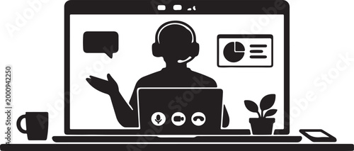 Customer Support Agent with Headset on Laptop Screen Silhouette Vector for Online Helpdesk, Call Center Service and Remote Communication Branding