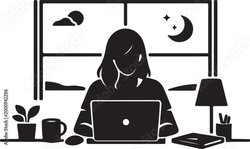Woman Working at Night on Laptop Silhouette Vector Illustration with Window Moon Scene for Remote Work and Late Night Productivity