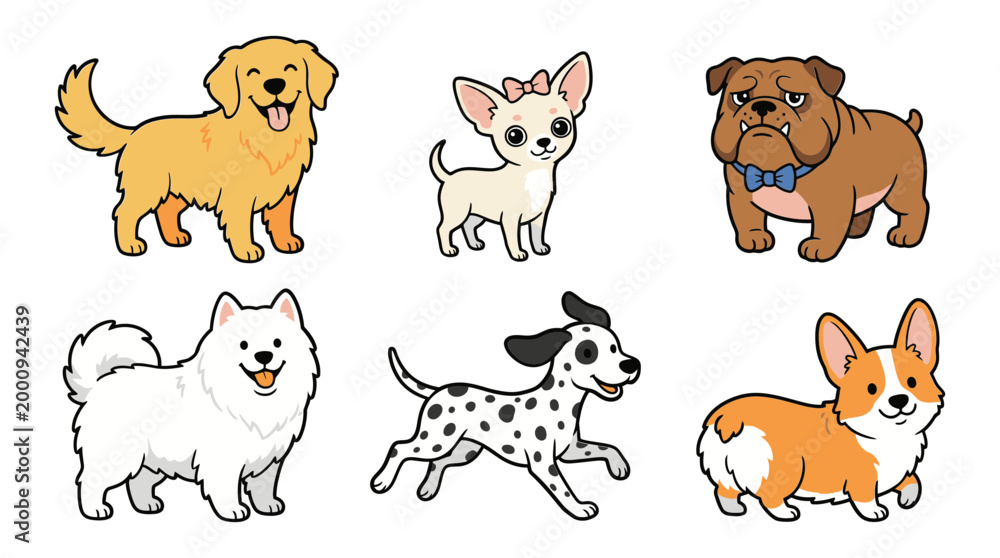 Obraz premium Six different breeds of cute cartoon dogs on black background Keywords: dog, puppy, golden retriever, chihuahua, bulldog