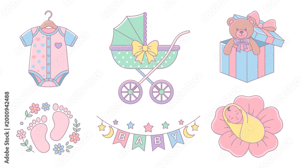 Fototapeta premium Baby Shower Elements With Onesie Stroller Gift Footprints Banner Newborn Baby Flower vector illustration