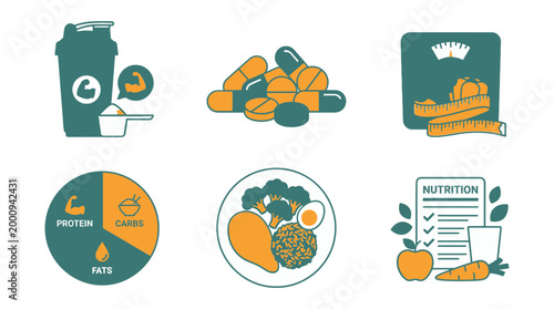 Nutrition and Fitness Icons Showing Supplements Food and Health Tracking