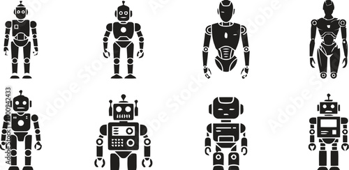 Eight black and white robot illustrations