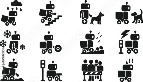 Black robot delivery icons set