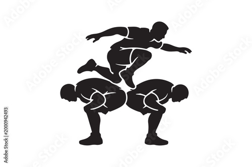 Kabaddi mid air escape silhouette jumping raider over defenders sports action vector