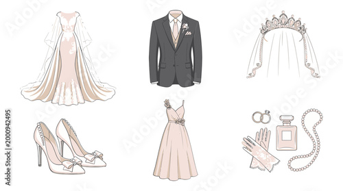 Wedding Attire and Accessories Collection Bride Groom Bridal Veil Tiara Heels Gown Jewelry Perfume vector