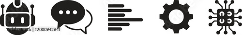Black icons of robot, chat, menu, gear, and microchip