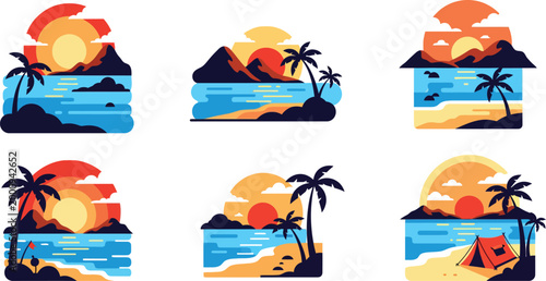 Tropical island scenes with palm trees and sunset views in a vintage style with six different landscape orientation variations