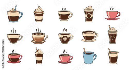 Collection of Various Hot Coffee and Tea Cups with Steam.