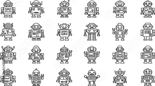 Set of cute robot icons in black and white