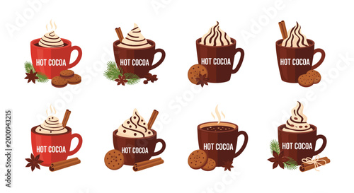 Assorted Hot Chocolate Cups with Whipped Cream and Toppings.