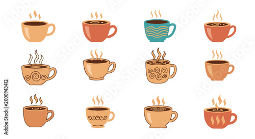 Collection of Colorful Coffee Cups with Steam.