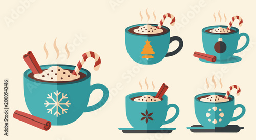 Collection of Hot Chocolate Cups with Candy Canes and Snowflake Designs.