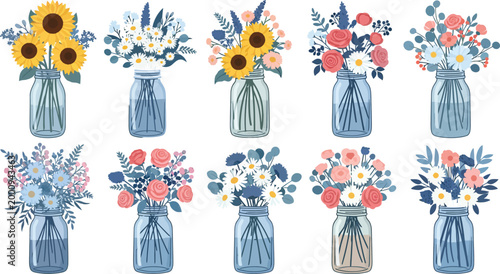 Eight blue glass vases with colorful flowers on white background