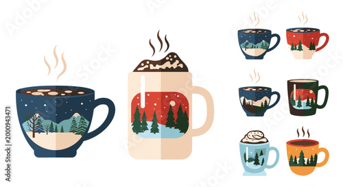 Collection of Colorful Coffee Cups with Hot Beverages.