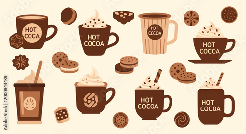 Collection of Hot Cocoa Cups and Cookies for Winter.