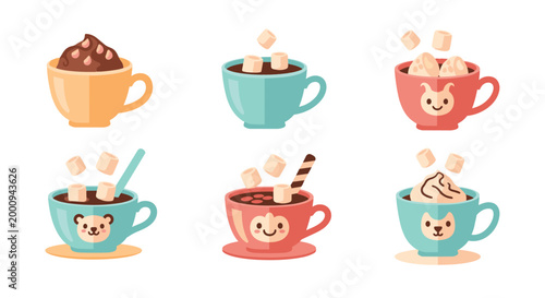 Cute Cartoon Coffee Cups with Smiling Faces and Toppings.